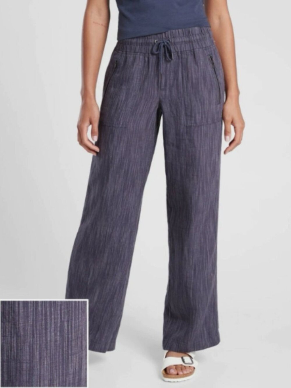 Athleta Womens Size 6 Cabo 100% Linen Wide Leg Pull on Blue Pant Beachy Comfy